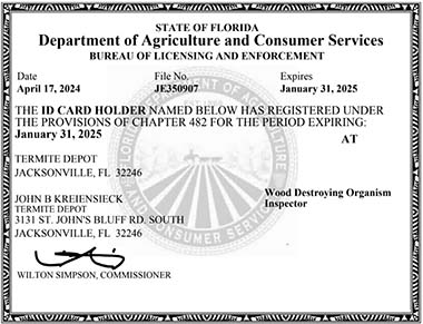 John Kreiensieck is a Florida State-Licensed WDO Inspector.