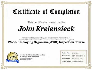 John Kreiensieck is an InterNACHI-Certified WDO inspector.